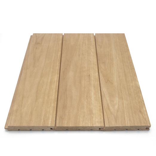 Three Thermo-Aspen 1x5 paneling boards laid side by side from above, showing face grain and visible nickel gap seams