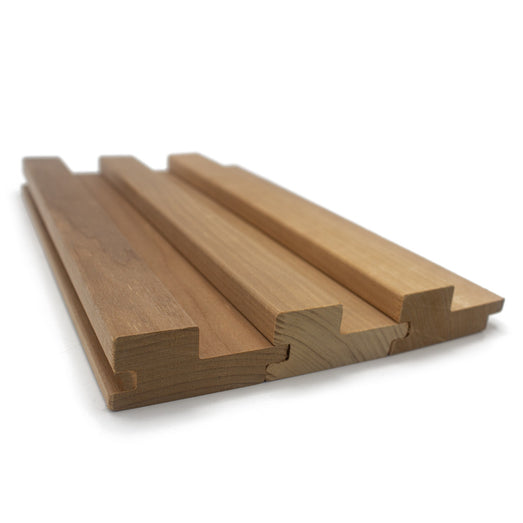 Thermo-Aspen 2x3 tongue-and-groove paneling, three boards side by side with interlocking end profiles