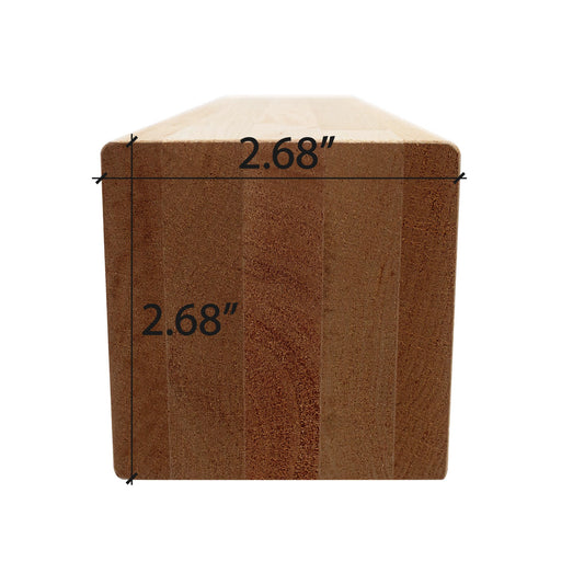 Thermo-Aspen 3x3 bench board, dark brown end view of a square beam with the dimensions marked on both sides