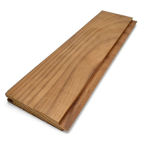 Thermo-Radiata Pine 1x4 tongue-and-groove board in a lighter honey tone, angled view with tongue edge visible