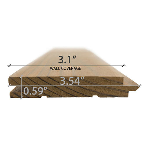 Thermo-Radiata Pine 1x4 tongue-and-groove paneling, end view of two stacked boards with dimensions and wall coverage marked
