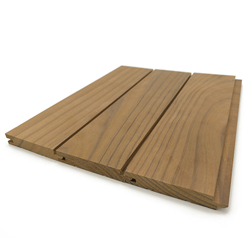 Thermo-Radiata Pine 1x4 tongue-and-groove paneling, three boards side by side with visible nickel gap seams