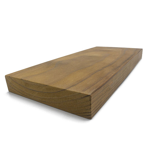 Thermo-Radiata Pine 2x6 bench board, angled view showing the brown face grain and thick end grain