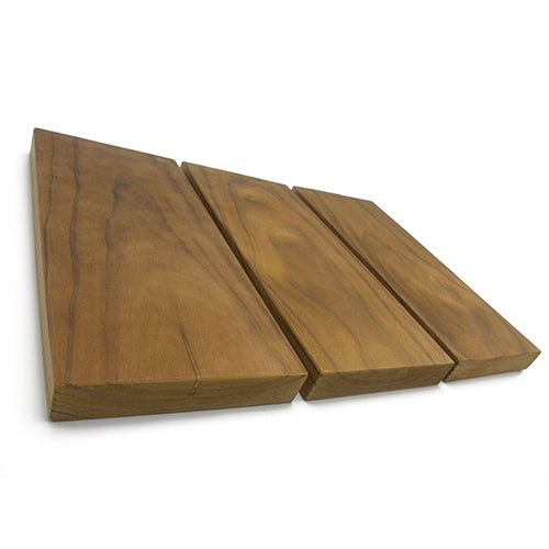 Three Thermo-Radiata Pine 2x6 bench boards laid side by side, showing face grain and end edges