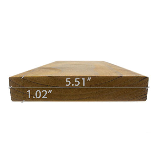Thermo-Radiata Pine 2x6 bench board, end view with the width and thickness dimensions marked by lines