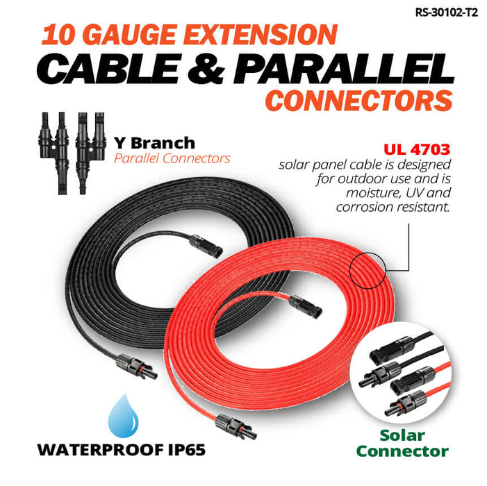 10 Gauge (10AWG) Solar Panel Extension Cable Wire with Parallel Connectors - Topture