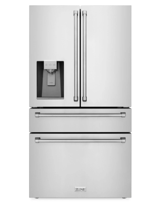 ZLINE Omega | 36" 21.6 cu. ft. 4-Door French Door Refrigerator with Water and Ice Dispenser and Water Filter in Fingerprint Resistant Stainless Steel