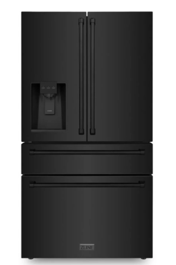 ZLINE Omega | 36" 21.6 cu. ft. 4-Door French Door Refrigerator with Water and Ice Dispenser and Water Filter in Fingerprint Resistant Black Stainless Steel