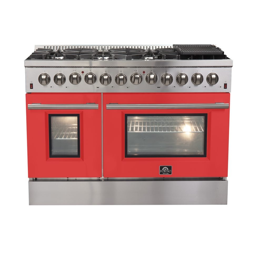 Forno Forno Galiano - Gold Professional 48" Freestanding Dual Fuel 240V Electric Red Door Oven Range FFSGS6156-48RED Ranges Topture
