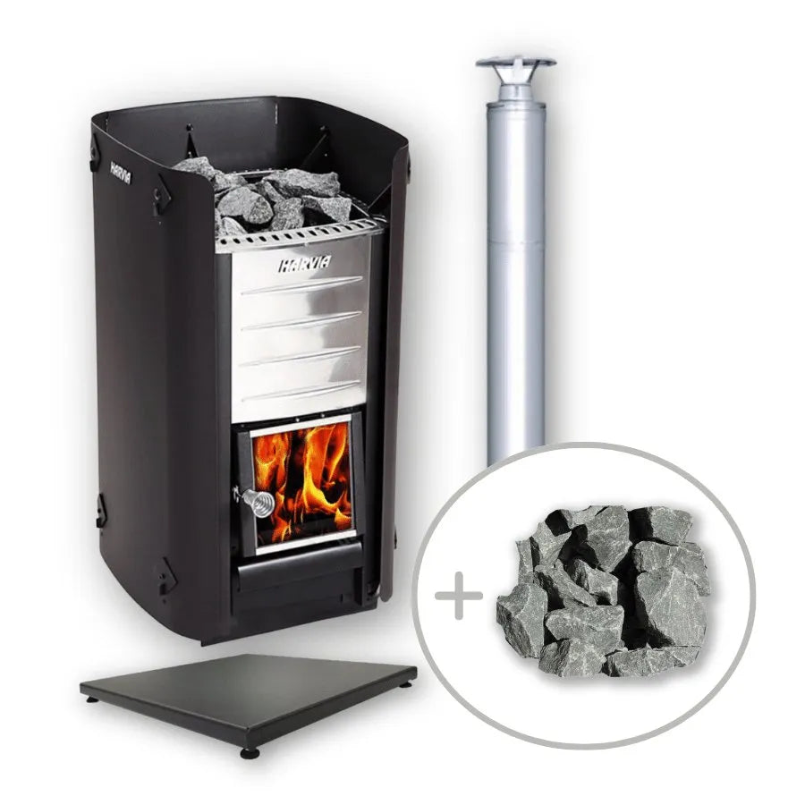 Harvia M3 Wood Burning Stove Kit w/ Chimney, Sheath, Floor Protection and Stones - Topture