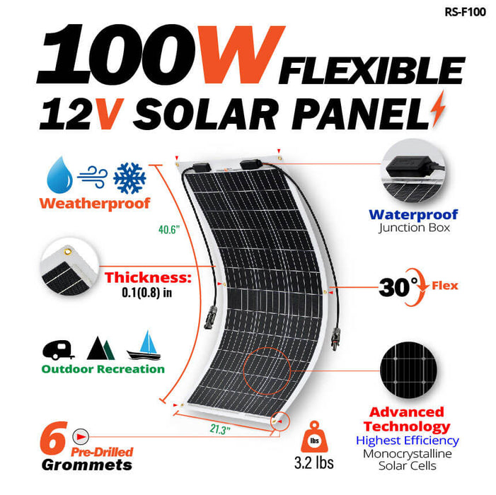 MEGA 100 FLEX | 100 Watt Monocrystalline Solar Panel | Best 12V Flexible Panel for VAN RVs and Off-Grid | High Efficiency - Topture
