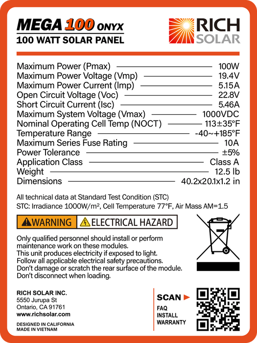 MEGA 100 ONYX | 100 Watt Monocrystalline Solar Panel | Best 12V Black Panel for VAN RVs and Off-Grid | 25-Year Output Warranty - Topture