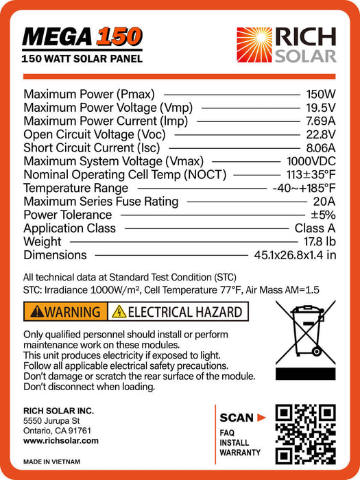 MEGA 150 Watt Monocrystalline Solar Panel | Best 12V Panel for RVs and Off-Grid | 25-Year Output Warranty | UL Certified - Topture