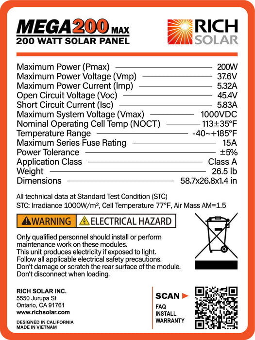 MEGA 200 Watt Monocrystalline Solar Panel | Best 24V Panel for RVs and Off-Grid | 25-Year Output Warranty | UL Certified - Topture