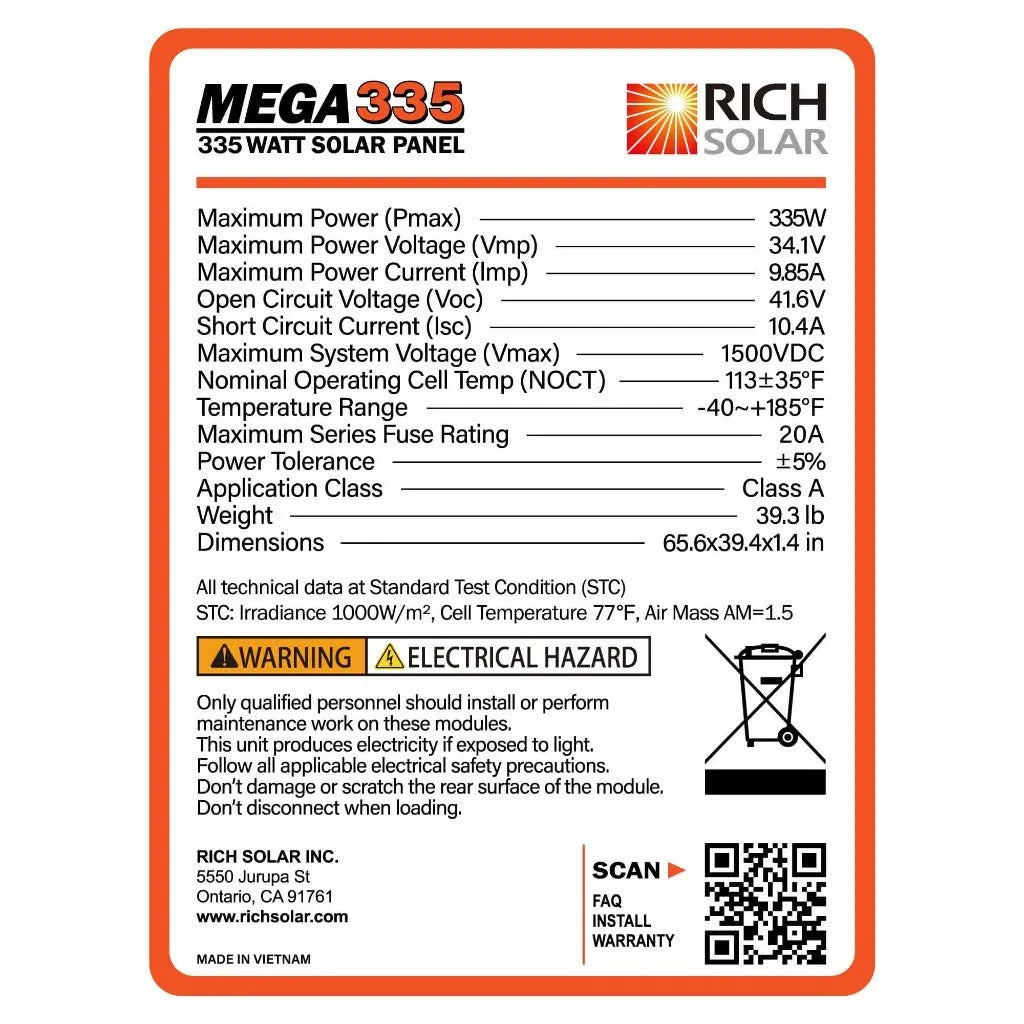 MEGA 335 Watt Monocrystalline Solar Panel | High Efficiency | Best Panel for On-Grid and Off-Grid - Topture