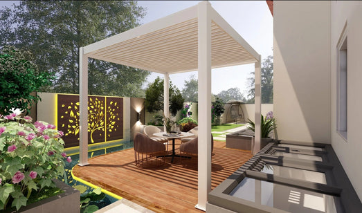Bon Pergola Villa Pergola - 10x10 ft. Aluminum Motorized Louver Pergola with Lighting VP-3325-WH Pergolas Topture