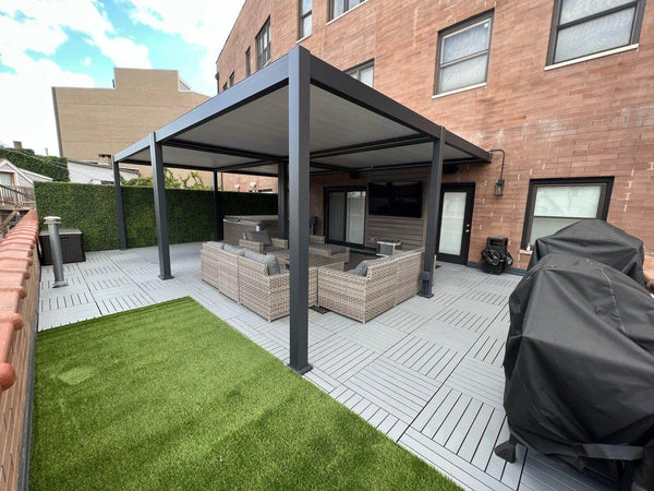 Bon Pergola Villa Pergola - 13x19 ft. Aluminum Motorized Louver Pergola with Lighting VP-6425-BK Pergolas Topture