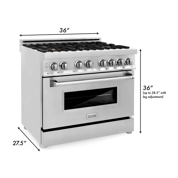 ZLINE 36" 4.6 cu. ft. Dual Fuel Range with Gas Stove and Electric Oven in Stainless Steel with Brass Burners (RA-BR-36) - Topture