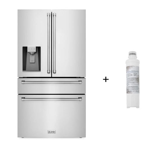 ZLINE Omega | 36" 21.6 cu. ft. 4-Door French Door Refrigerator with Water and Ice Dispenser and Water Filter in Fingerprint Resistant Stainless Steel - Topture