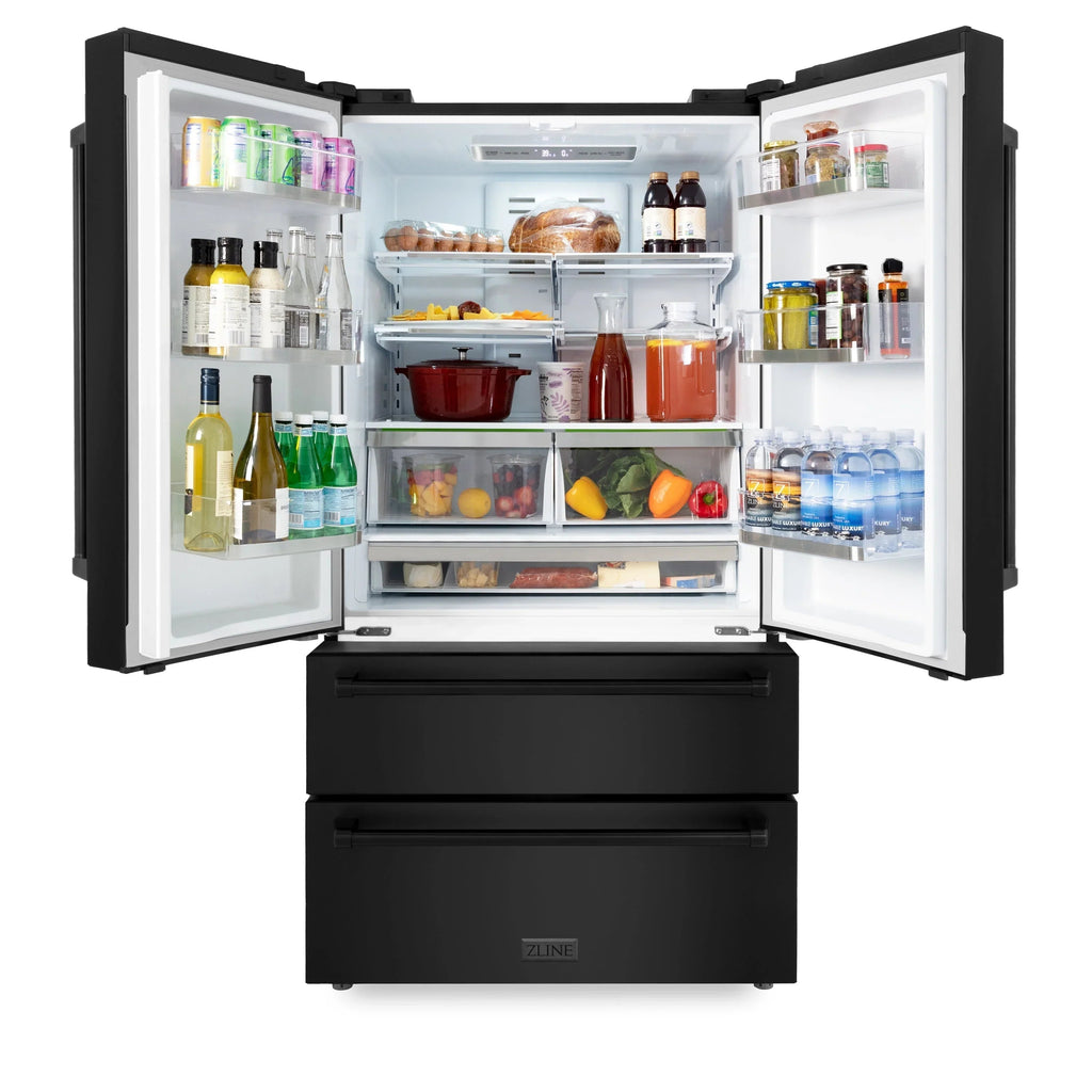 ZLINE Omega | 36" 22.5 cu. ft Freestanding French Door Refrigerator with Ice Maker and Water Filter in Fingerprint Resistant Black Stainless Steel - Topture